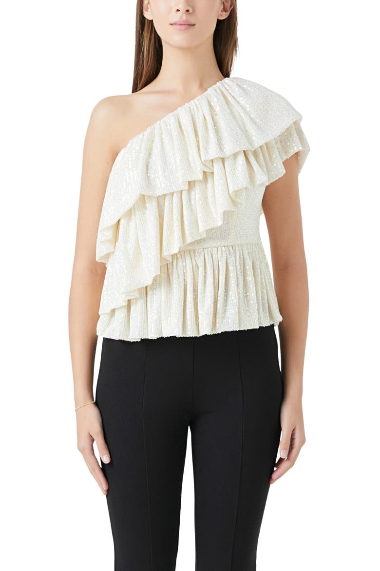 Sequin Ruffle One-Shoulder Peplum Top, Alternate, color, OPAL