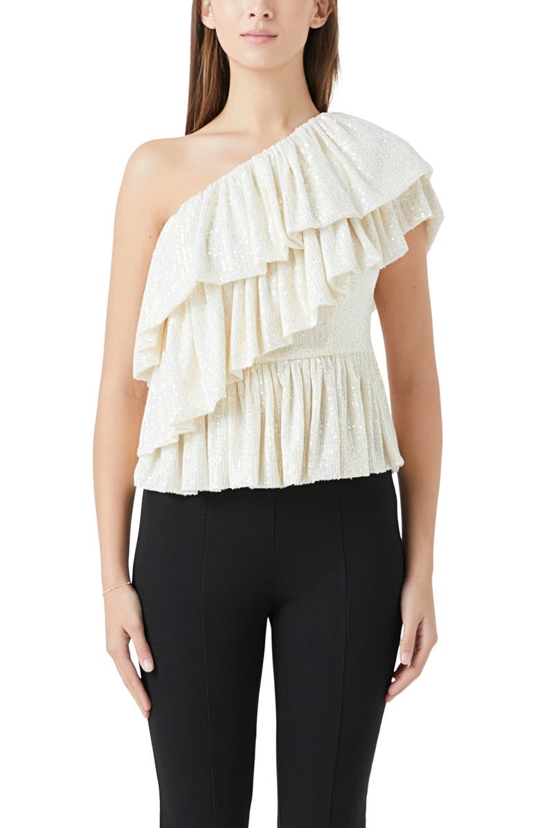 Endless Rose Sequin Ruffle One-Shoulder Peplum Top, Alternate, color, Opal