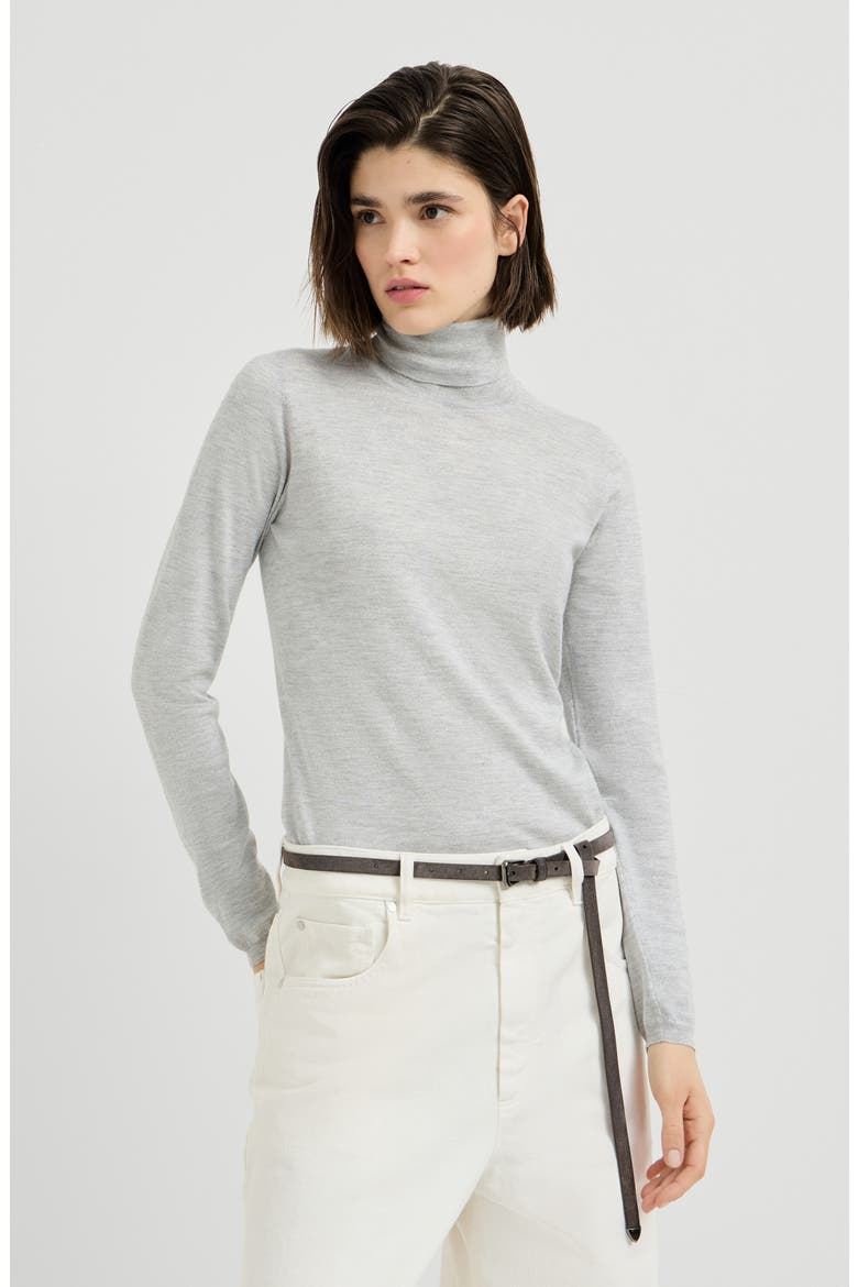 Sparkling cashmere and silk lightweight turtleneck sweater, Main, color, Pebble