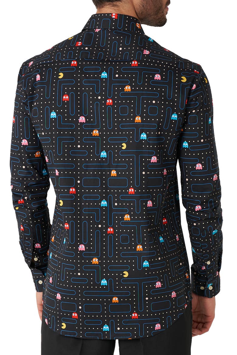 Pac-Man Button-Up Shirt, Alternate, color, BLACK