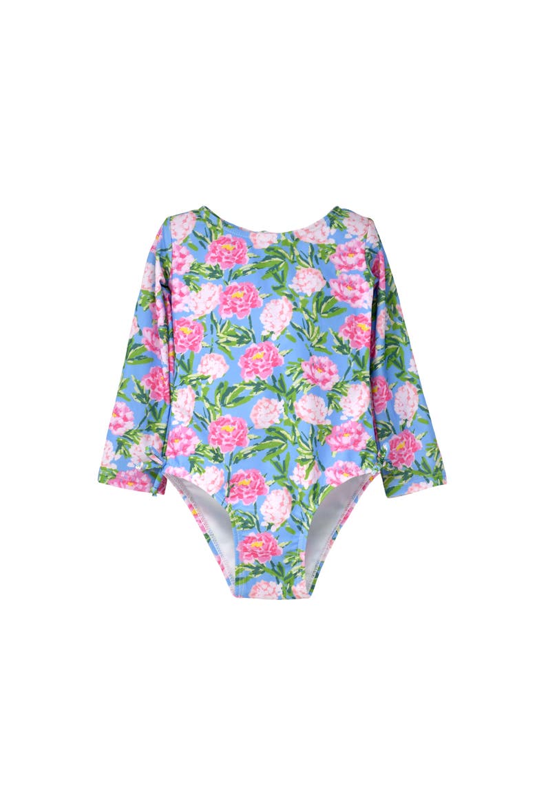 Girl's UPF 50+ Charlie Long SleeveRash Guard Swimsuit, Main, color, Peony Patch
