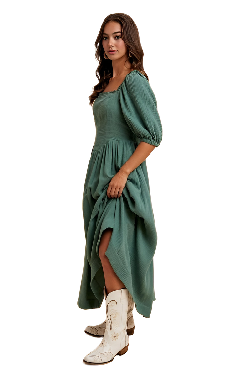Knit and Lounge Square-Neck Puff Sleeve Midi Dress, Alternate, color, 