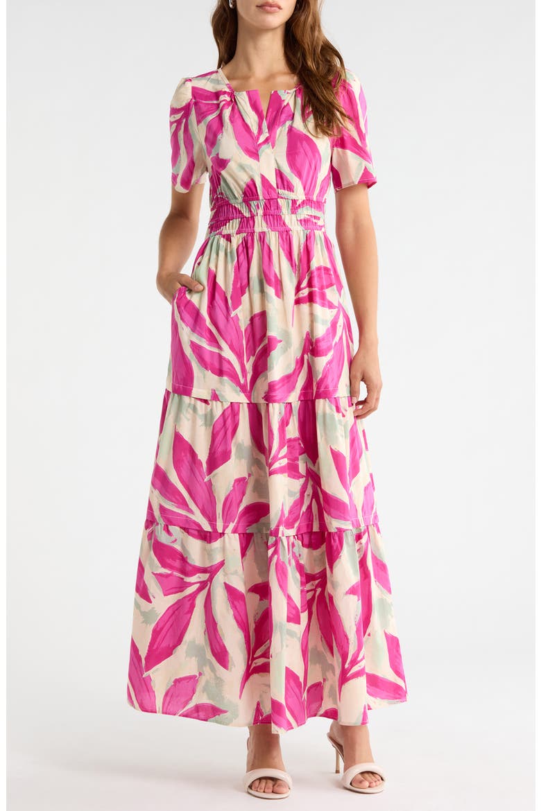 Short Sleeve Tiered Maxi Dress, Main, color, BONE ROSE VIOLET LEAF