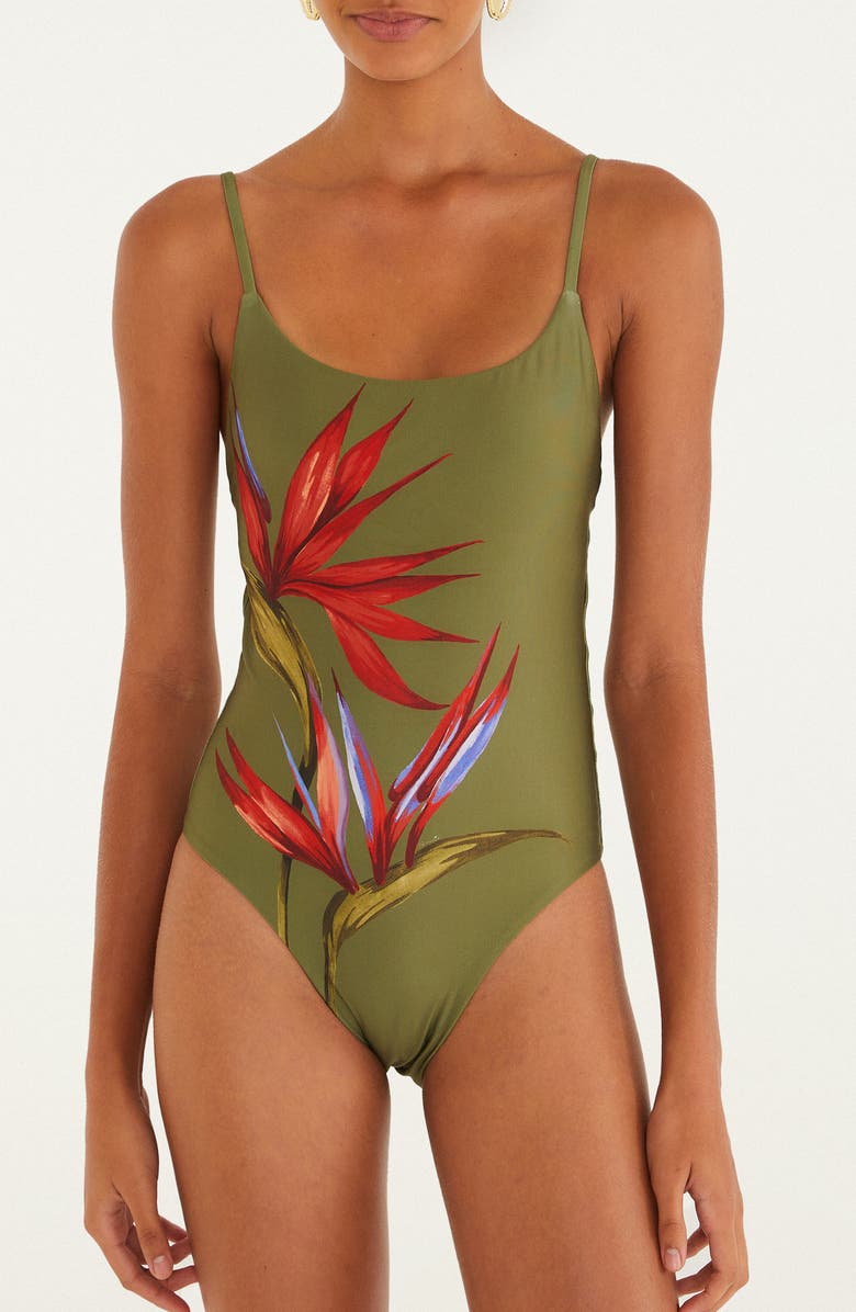 FARM Rio Strilitzia Placed Floral One-Piece Swimsuit, Main, color, Strilitzia Dark Green
