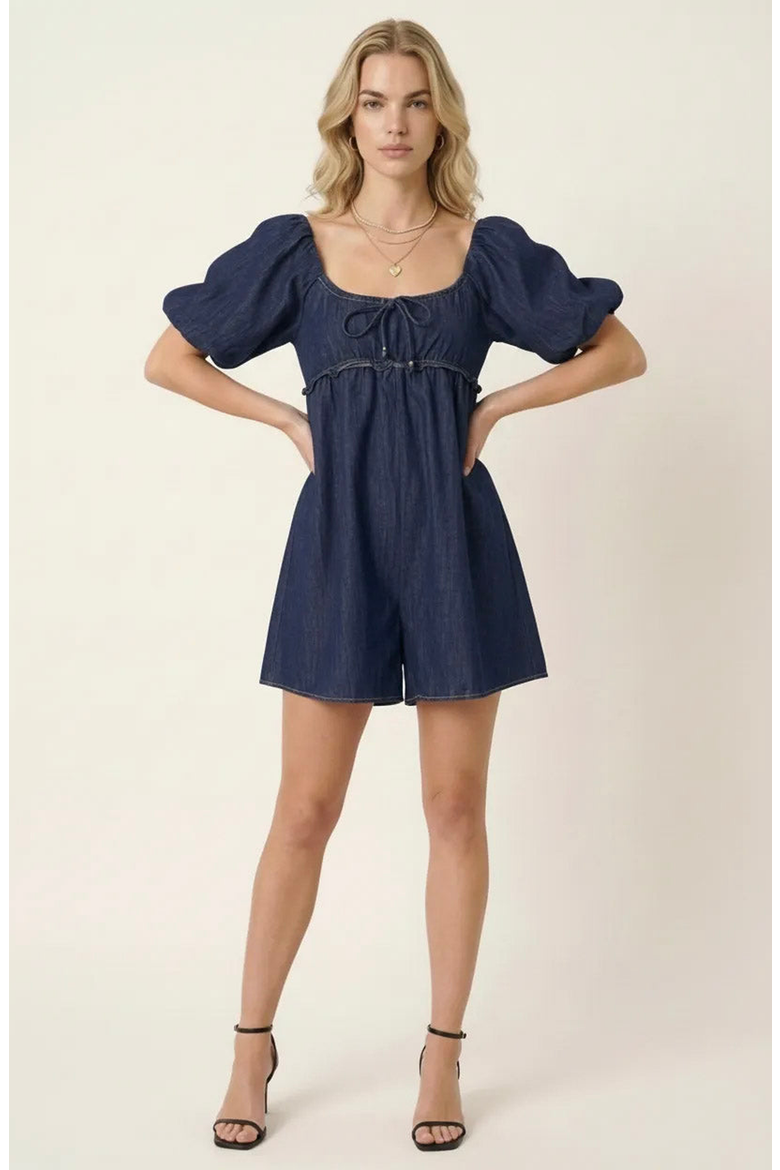 Puff-Sleeve Romper with Tie Front, Alternate, color, Dark Blue