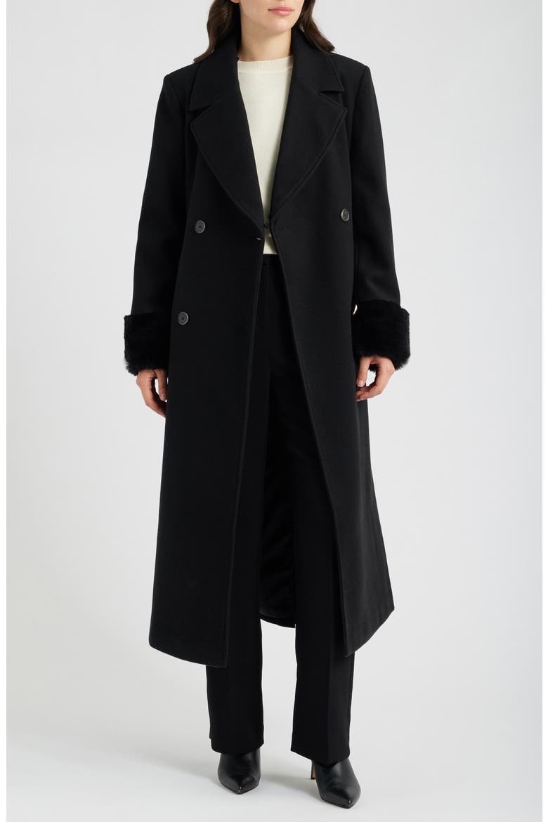 Faux Fur Trim Belted Coat, Alternate, color, BLACK
