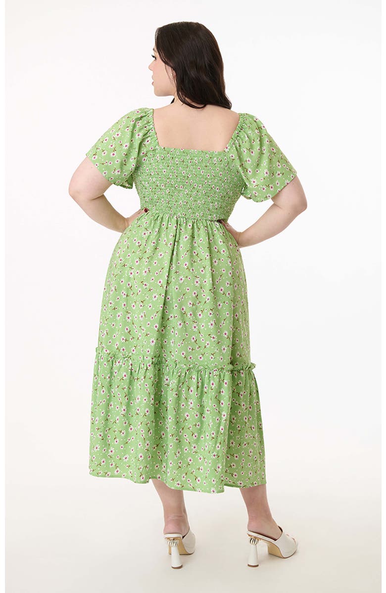 Unique Vintage Plus Size Smocked Bodice Midi Dress, Alternate, color, Green White Floral