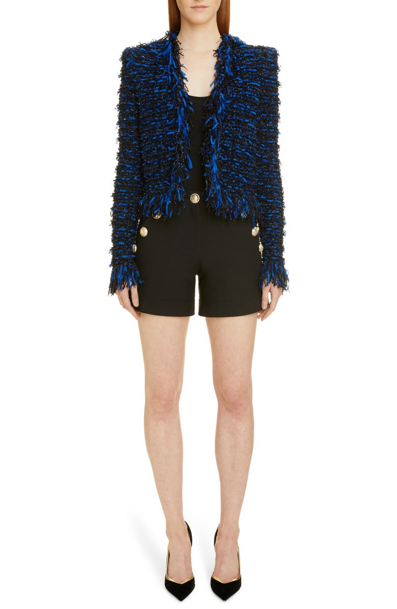 Balmain Glitter Fringe Tweed Jacket, Alternate, color, 