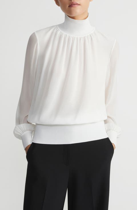 Mixed Media Silk Turtleneck Top
