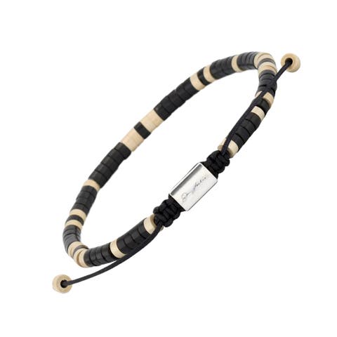 Black Agate Beaded Sterling Silver Bracelet With Black Pull Cord