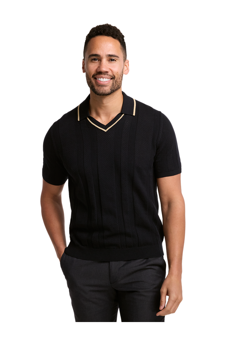 Cotton Crochet V-neck Polo, Alternate, color, Black