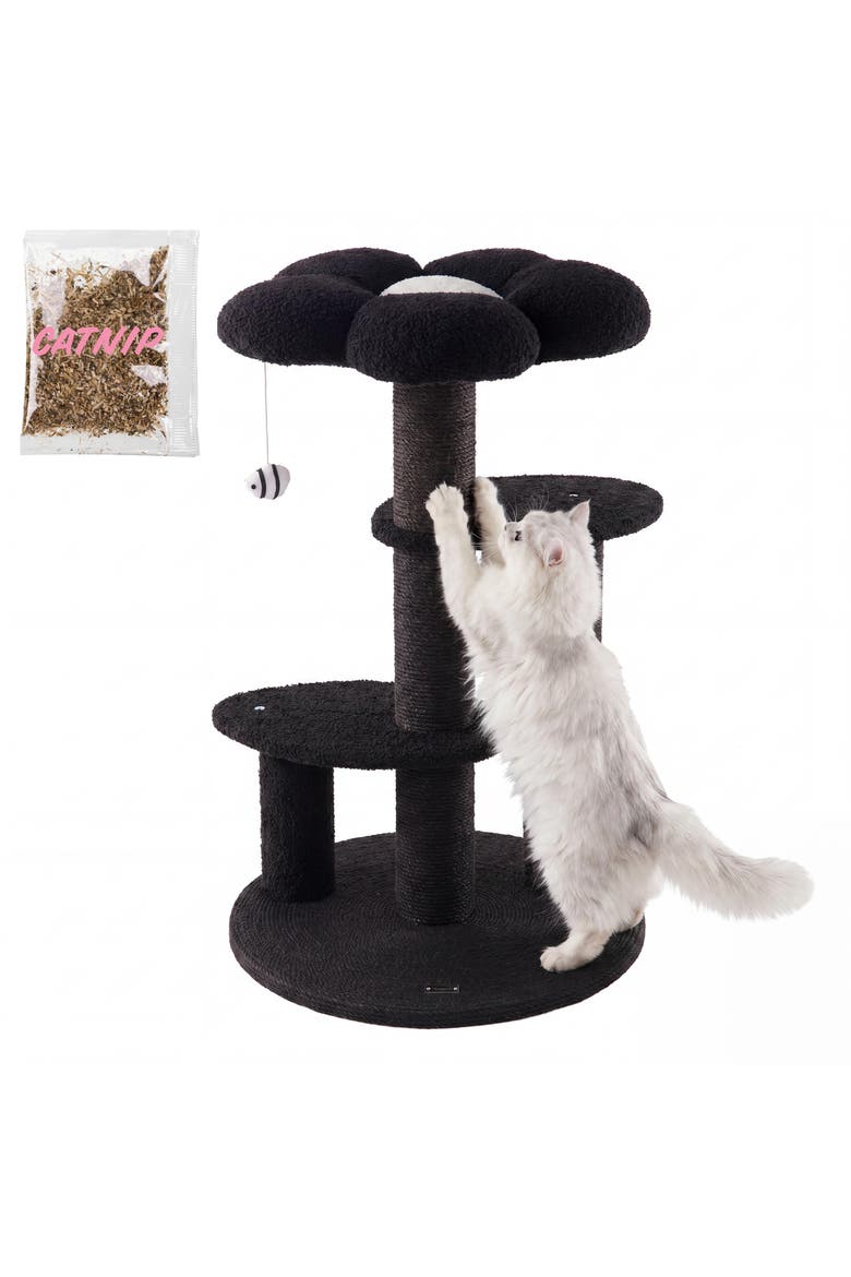 Poppy 3-Tier Modern Jute Flower Cat Tree with Dangling Toy, Main, color, Black/White