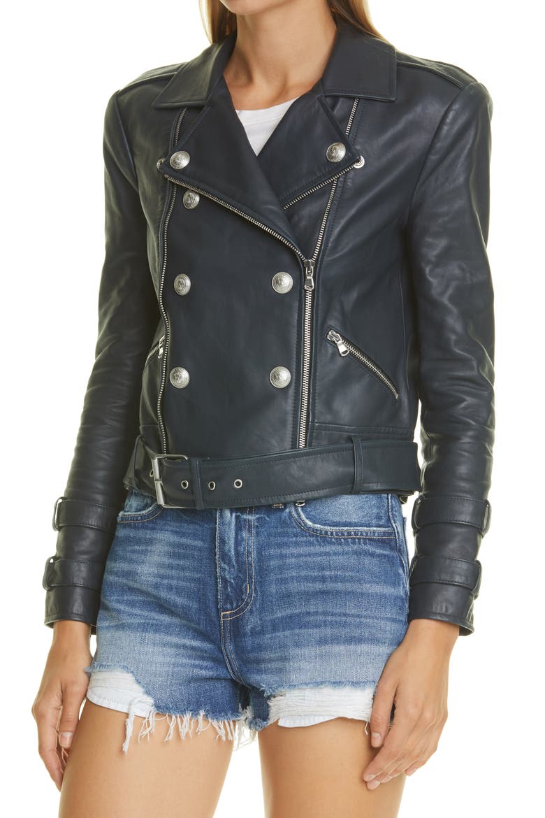 Billie Belted Leather Moto Jacket, Alternate, color, MIDNIGHT