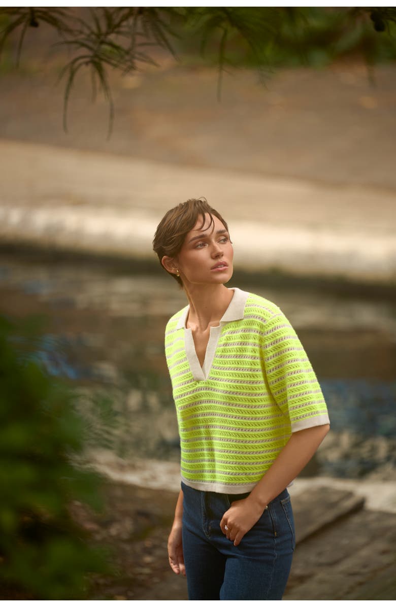 Brodie Pure Cashmere Suzie Stitch 100% Cashmere Polo Top, Alternate, color, Neon Yellow