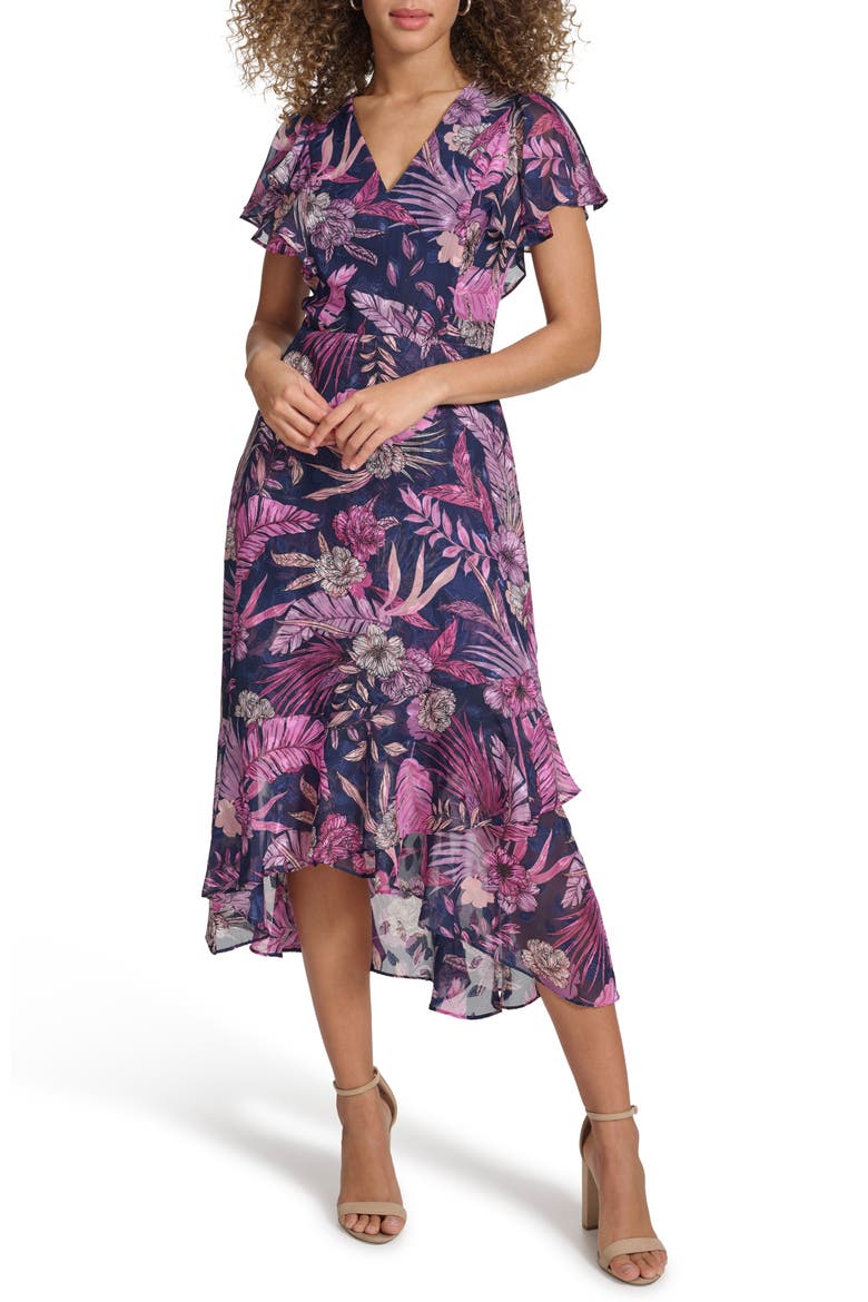 Flutter Sleeve Floral Midi Dress, Main, color, NAVY MULTI