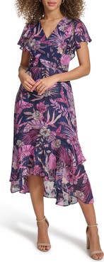 Kensie Flutter Sleeve Floral Midi Dress