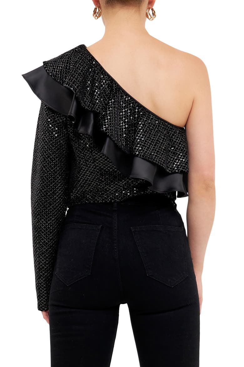 One-Shoulder Sequin & Velvet Top, Alternate, color, BLACK