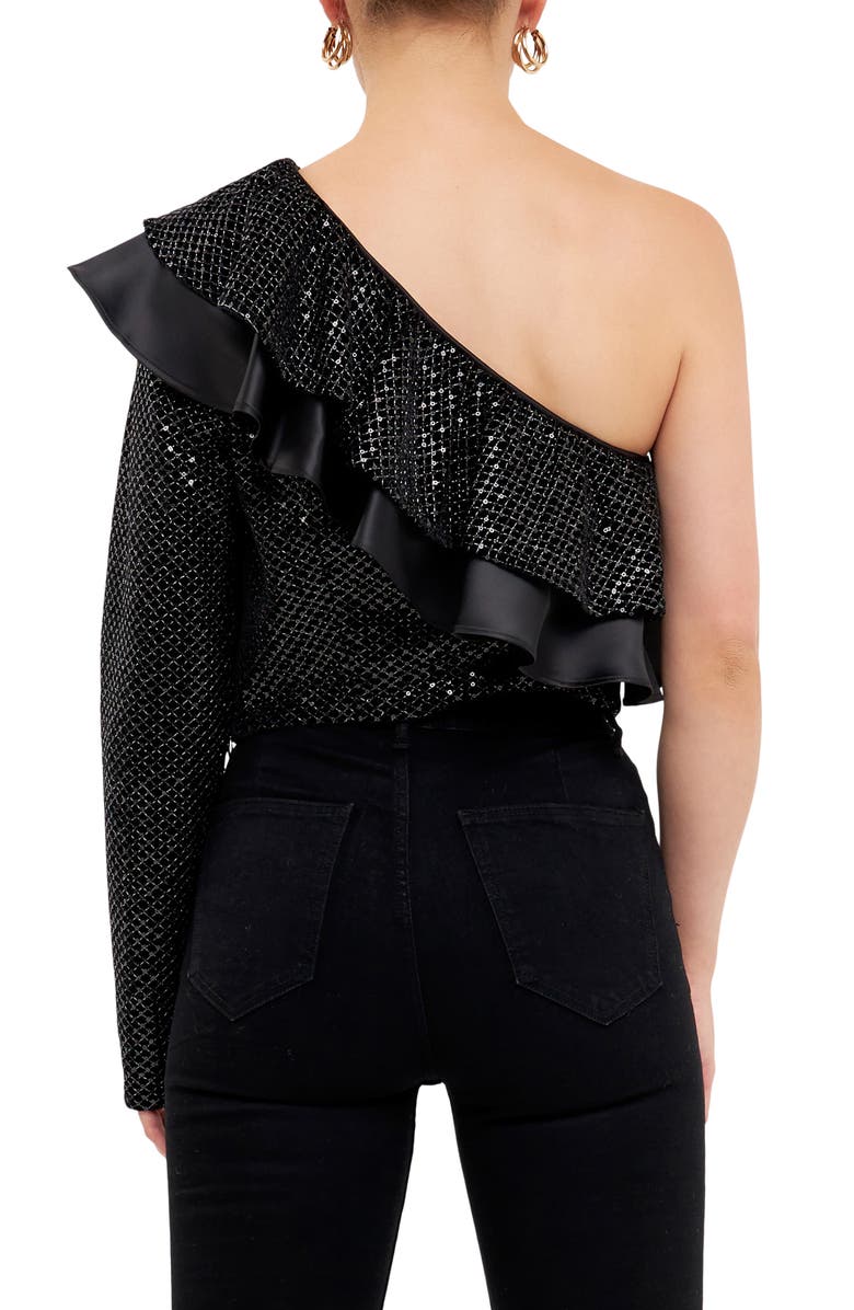 Endless Rose One-Shoulder Sequin & Velvet Top, Alternate, color, Black
