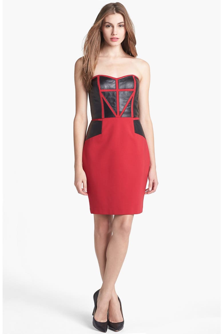 Aidan Mattox Leather Paneled Sheath Dress, Alternate, color, RUBY