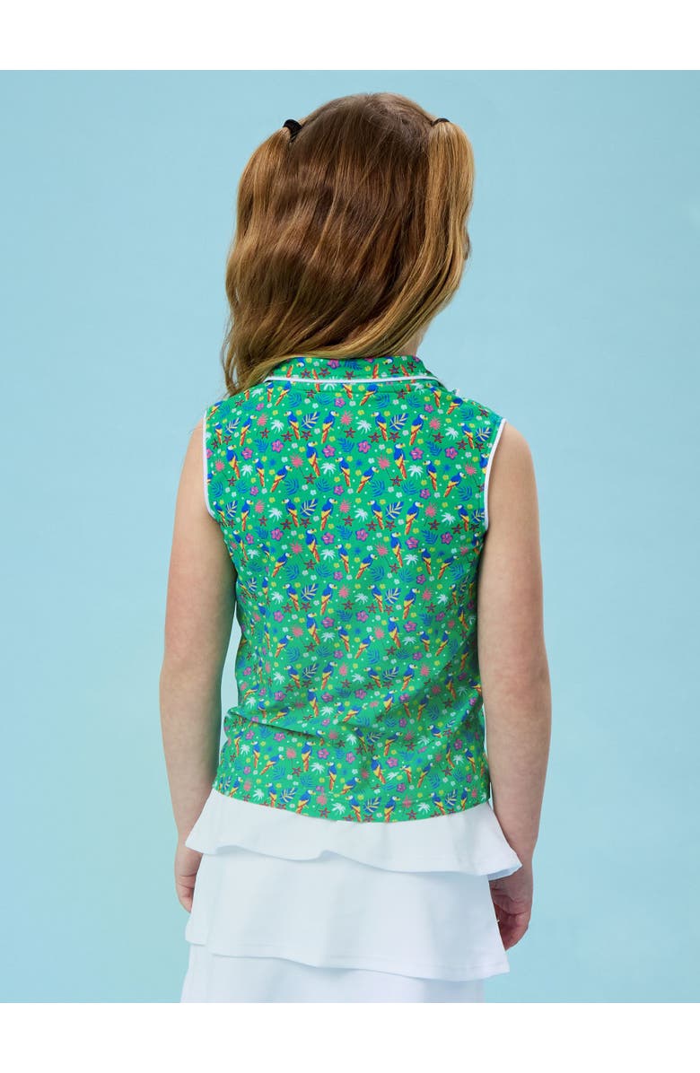 RuffleButts UPF50+ Sleeveless Polo Active Top, Alternate, color, Tiny Parrot Palms