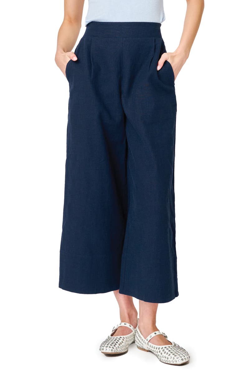 GIBSONLOOK Crop Wide Leg Linen Blend Pants, Main, color, Navy
