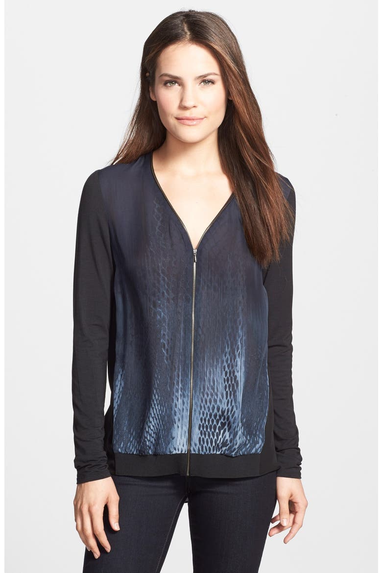 'Austen' Zip Front Mixed Media Blouse, Main, color, NAVY