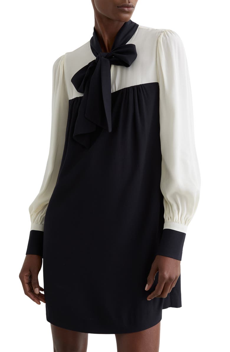 Reiss Cam Tie-Neck Shift Dress, Main, color, Navy/ Ivory