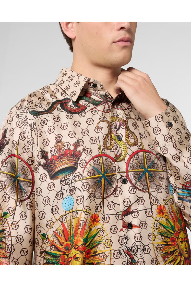 Silk Pajamas Shirt Monogram Tattoo Men, Alternate, color, beige