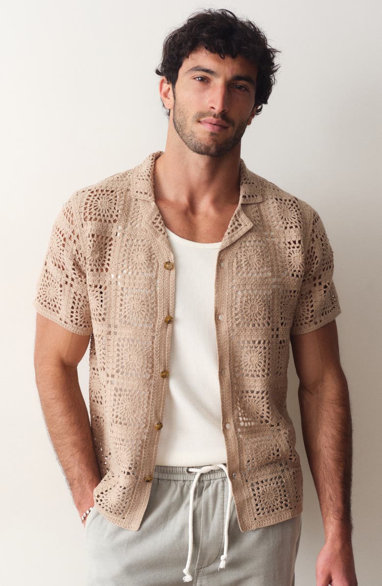 Marine Layer Callum Open Stitch Short Sleeve Button-Up Shirt, Alternate, color, Vintage Khaki