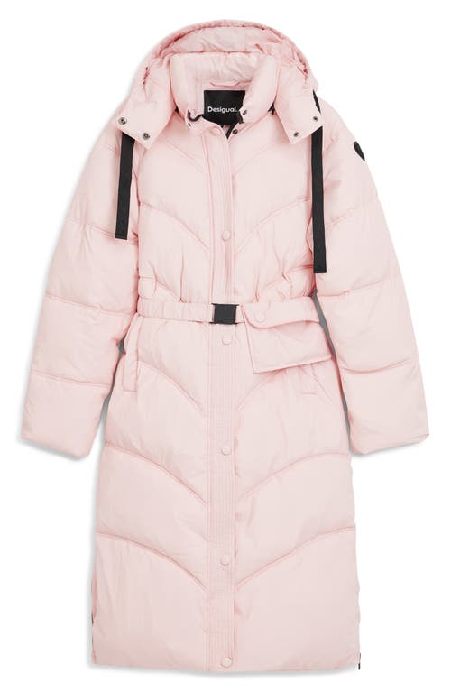 Desigual Hooded Quilted Puffer Longline Coat In Pink