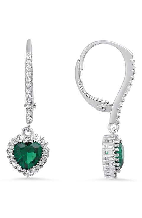 Sterling Silver Cubic Zirconia Halo Birthstone Heart Drop Earrings
