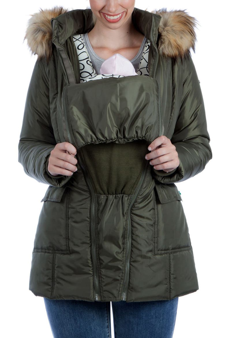 Convertible Maternity Puffer Jacket with Faux Fur Trim, Alternate, color, KHAKI GREEN