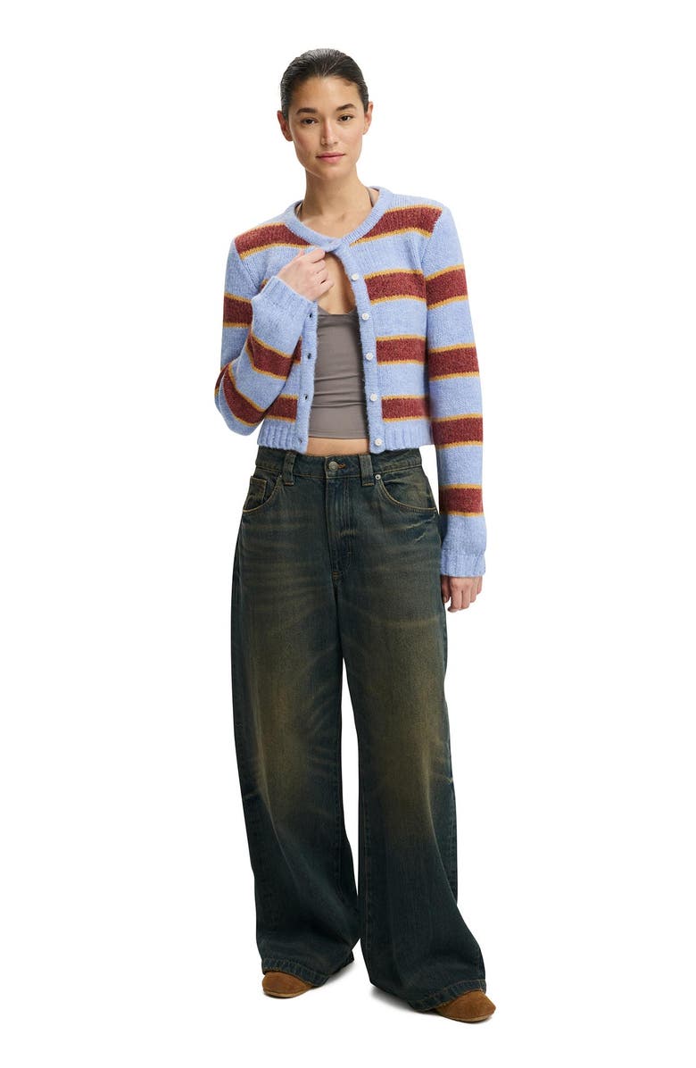 Cotton On Women's Luxe Crew Cardigan, Alternate, color, Dusk Blue Berry Stripe