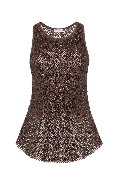 Brunello Cucinelli Dazzling Net Embroidery Top In Chocolate