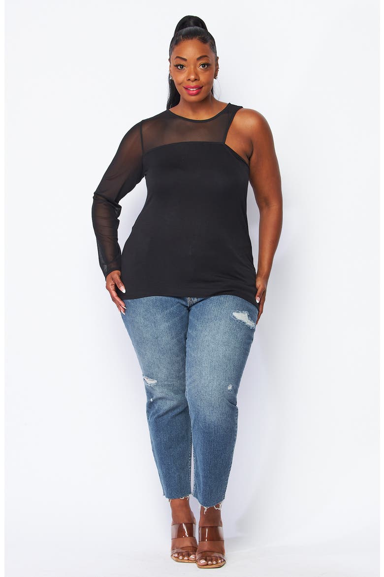 Mesh Notch One-Shoulder Mixed Media Top, Alternate, color, BLACK -