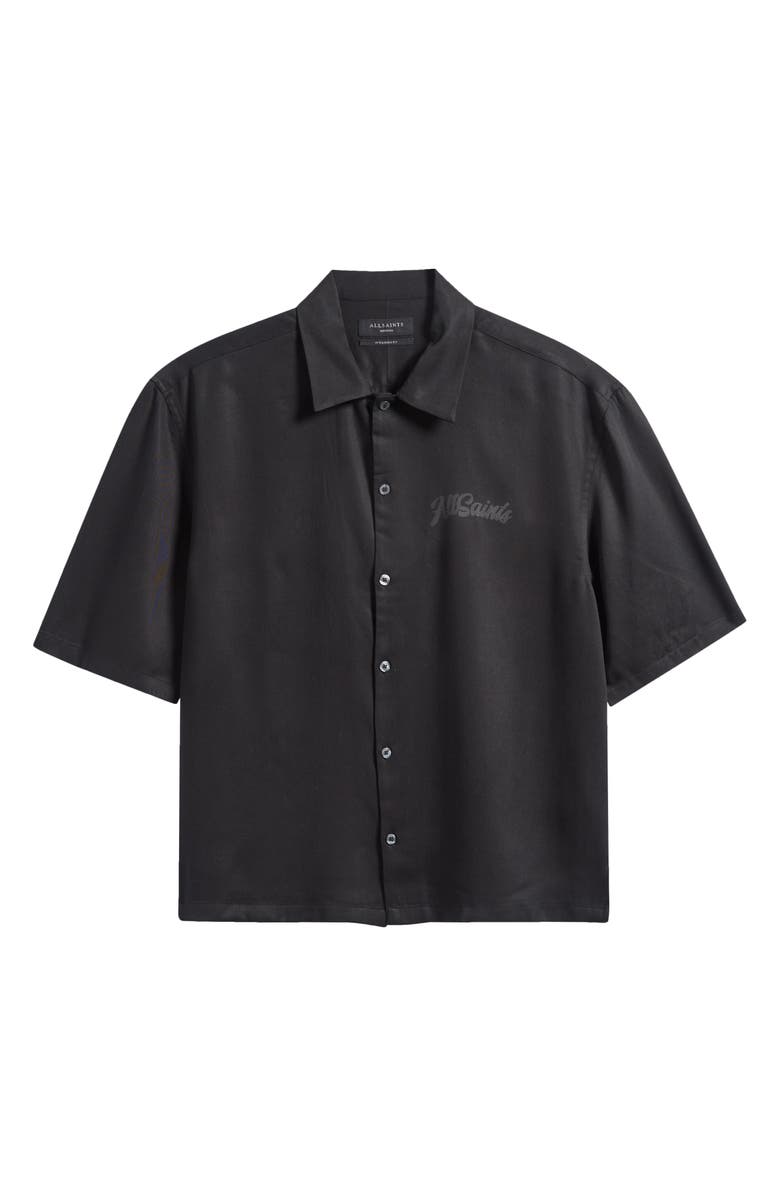 AllSaints Circe Logo Graphic Oversize Short Sleeve Button-Up Shirt, Main, color, Jet Black