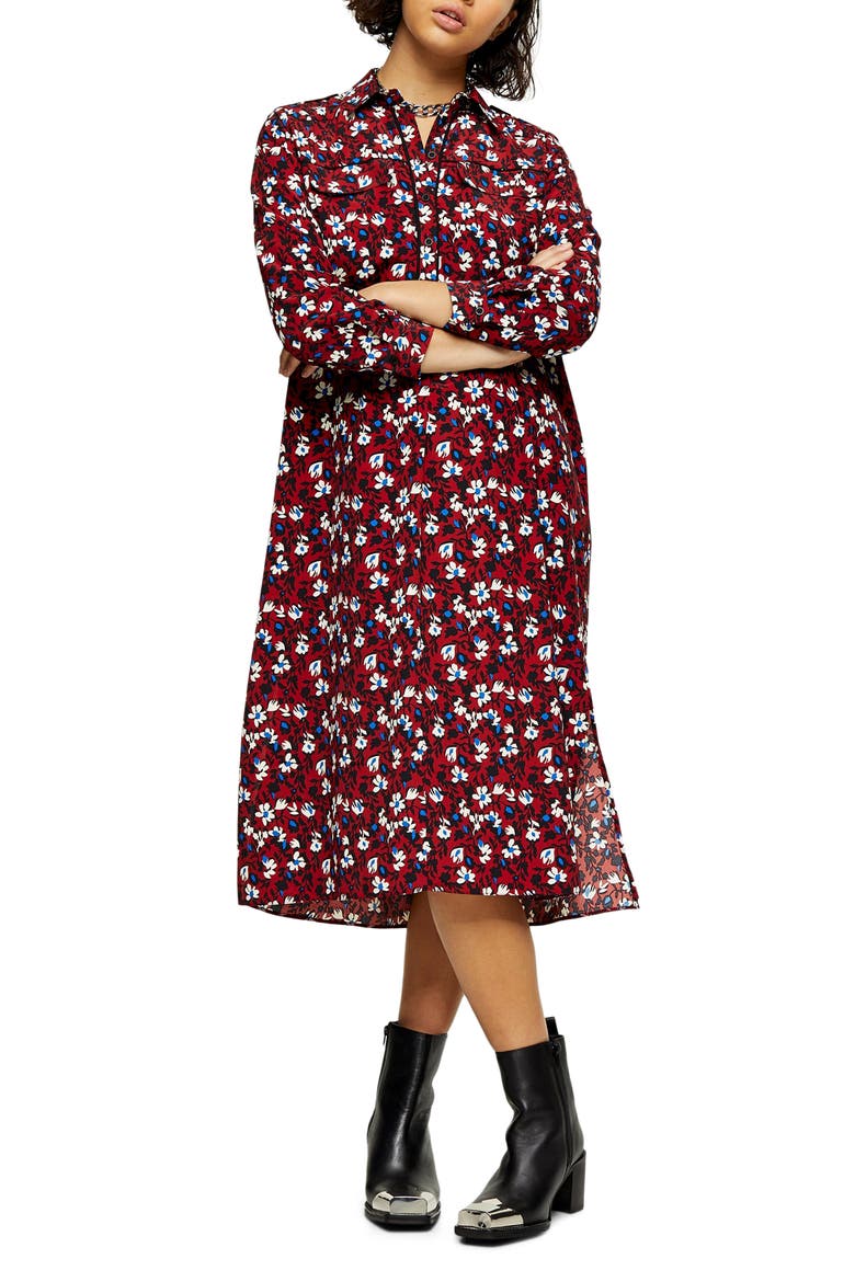 Floral Print Long Sleeve Midi Shirtdress, Main, color, BURGUNDY MULTI