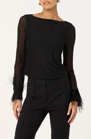 ASTR the Label Brisa Feather Trim Long Sleeve Top