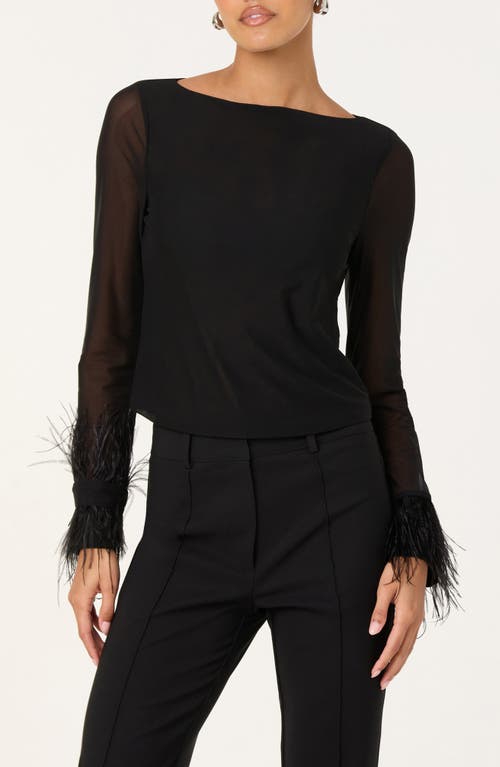 Astr The Label Brisa Feather Trim Long Sleeve Top In Black
