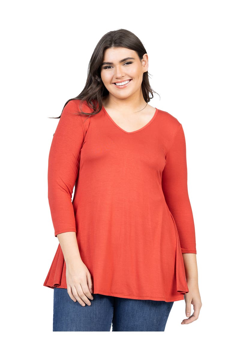 Plus Size Three Quarter Sleeve V Neck Tunic Top, Main, color, Penny