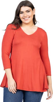 24seven Comfort Apparel Plus Size Three Quarter Sleeve V Neck Tunic Top