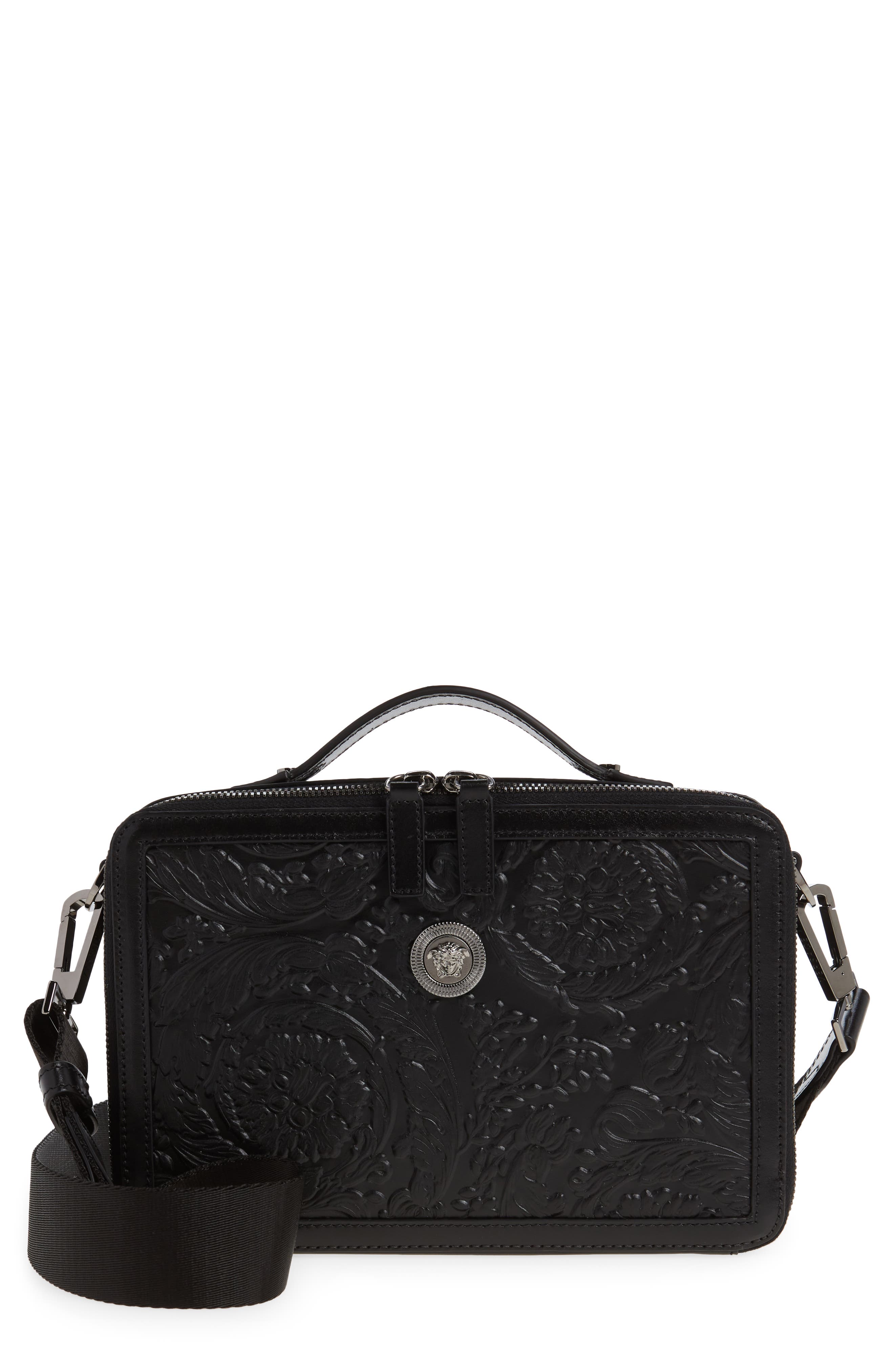 Versace Barocco Embossed Leather Messenger Bag, Main, color, 