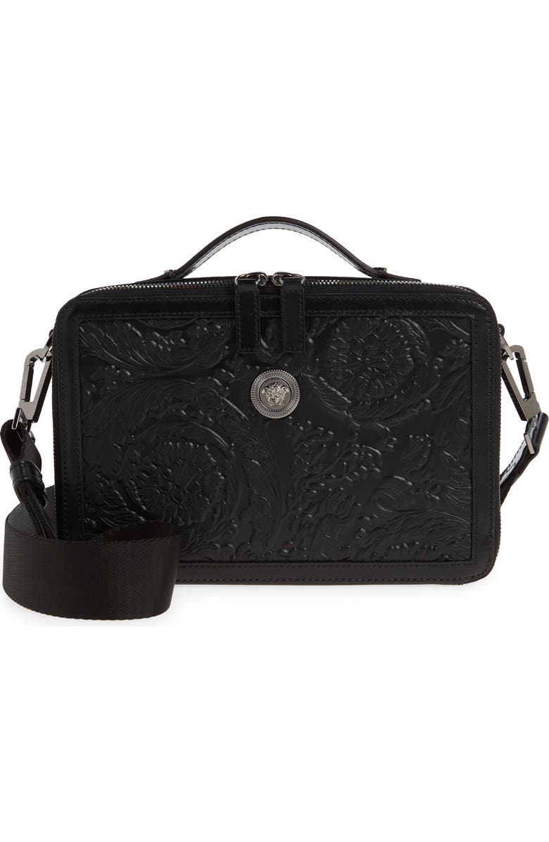 Versace Barocco Embossed Leather Messenger Bag, Main, color,