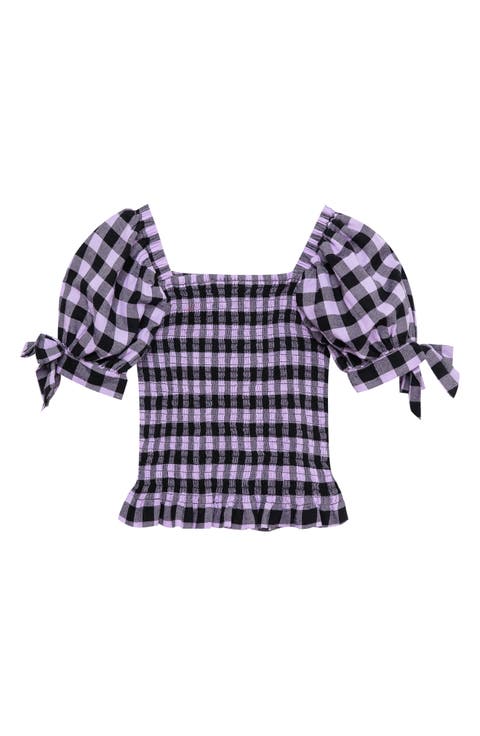 Kid's Gingham Smocked Puff Sleeve Cotton Top
