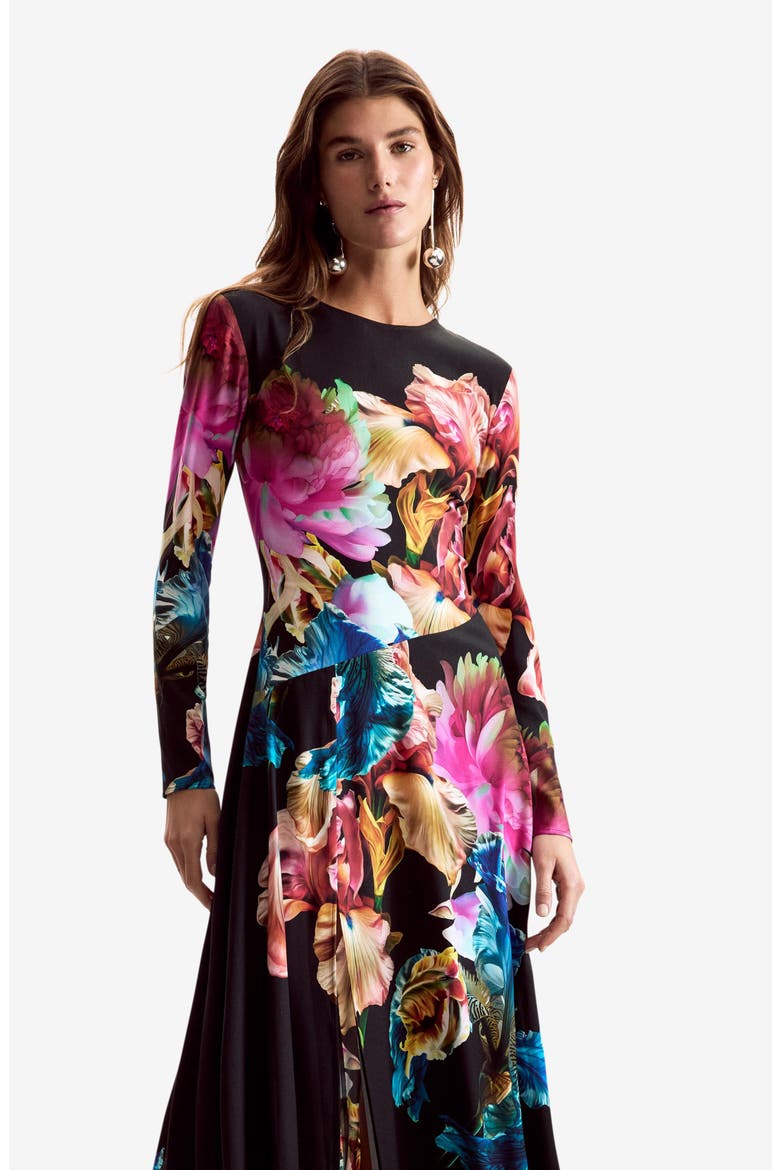 Floral Print Long Sleeve Midi Dress, Alternate, color, BLACK