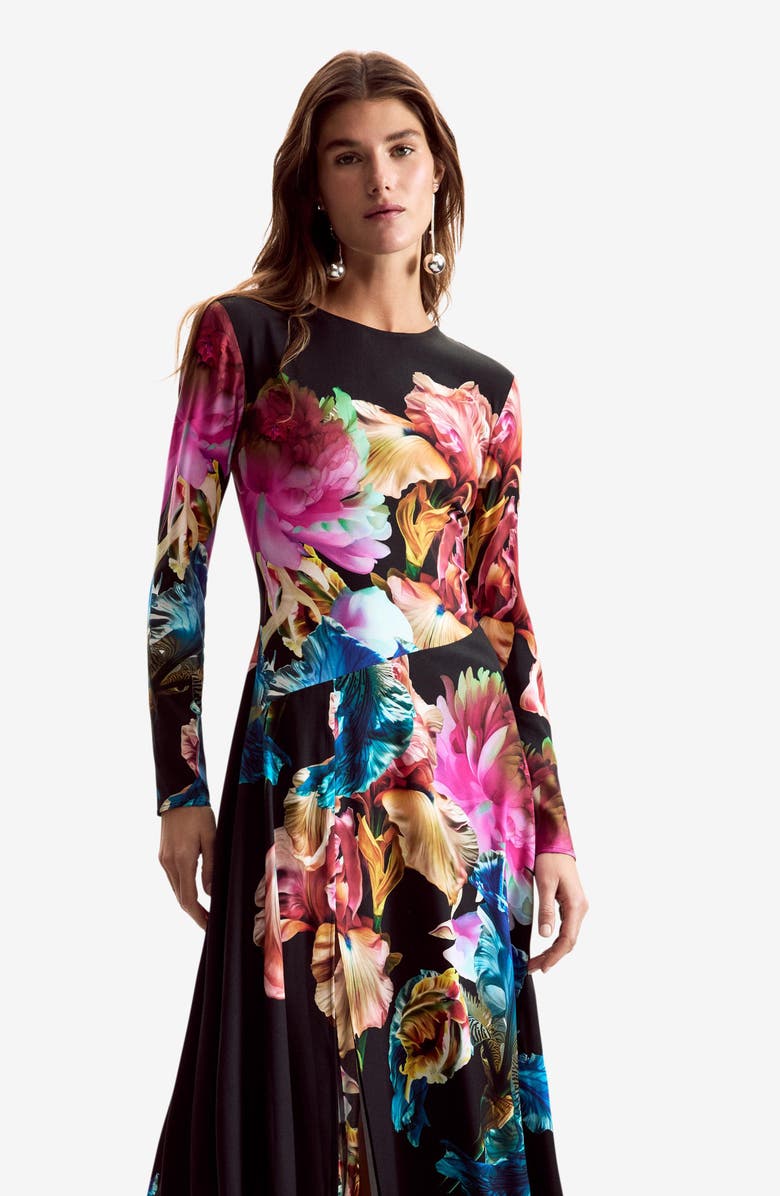 Desigual Floral Print Long Sleeve Midi Dress, Alternate, color, 