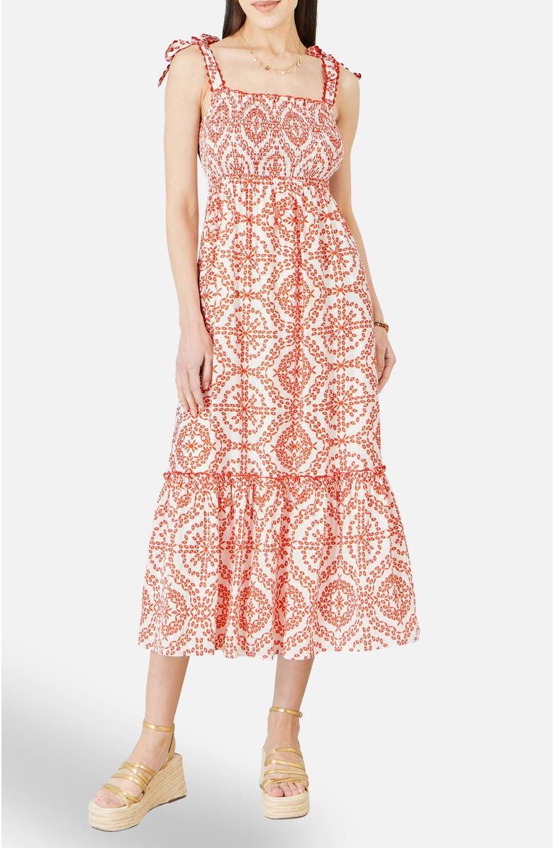 Yumi Ruched Tie Strap Midi Sun Dress, Alternate, color, Red