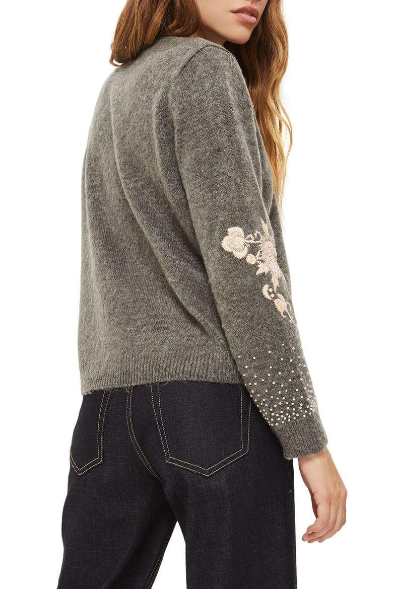 Beaded Embroidered Sweater, Alternate, color, GREY MARL MULTI