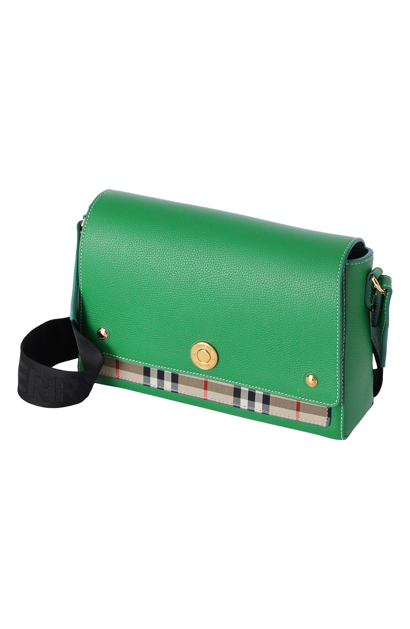 Medium Note Leather & Vintage Check Crossbody Bag, Alternate, color, IVY GREEN