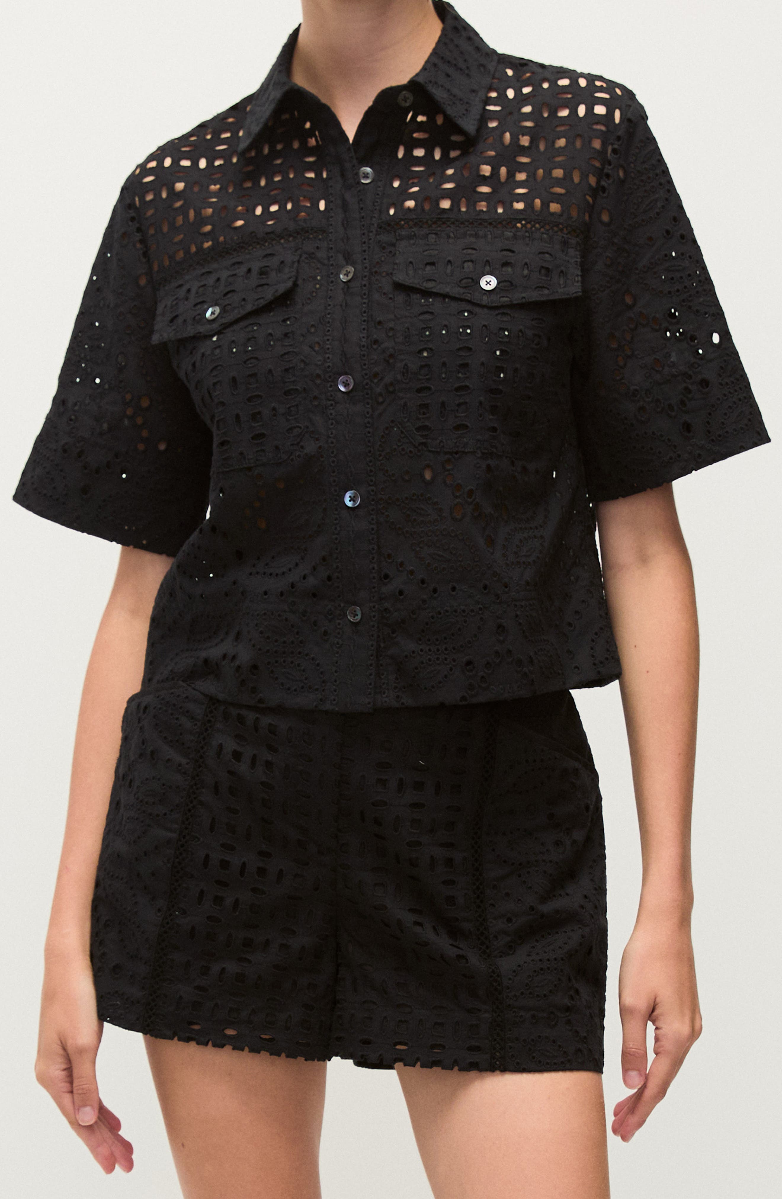 Veronica Beard Spruce Cotton Eyelet Button-Up Shirt